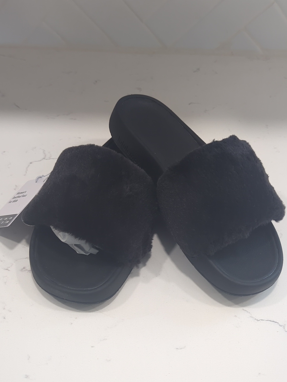 lululemon athletica Women's Black Faux-Fur Slide Sandals